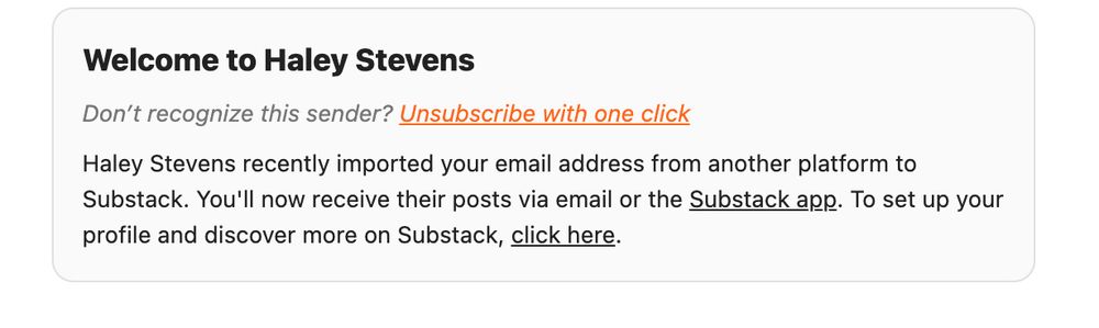 Substack welcome email from Haley Stevens notifying recipient that their email address was imported and they’ll now receive posts via email or the Substack app.