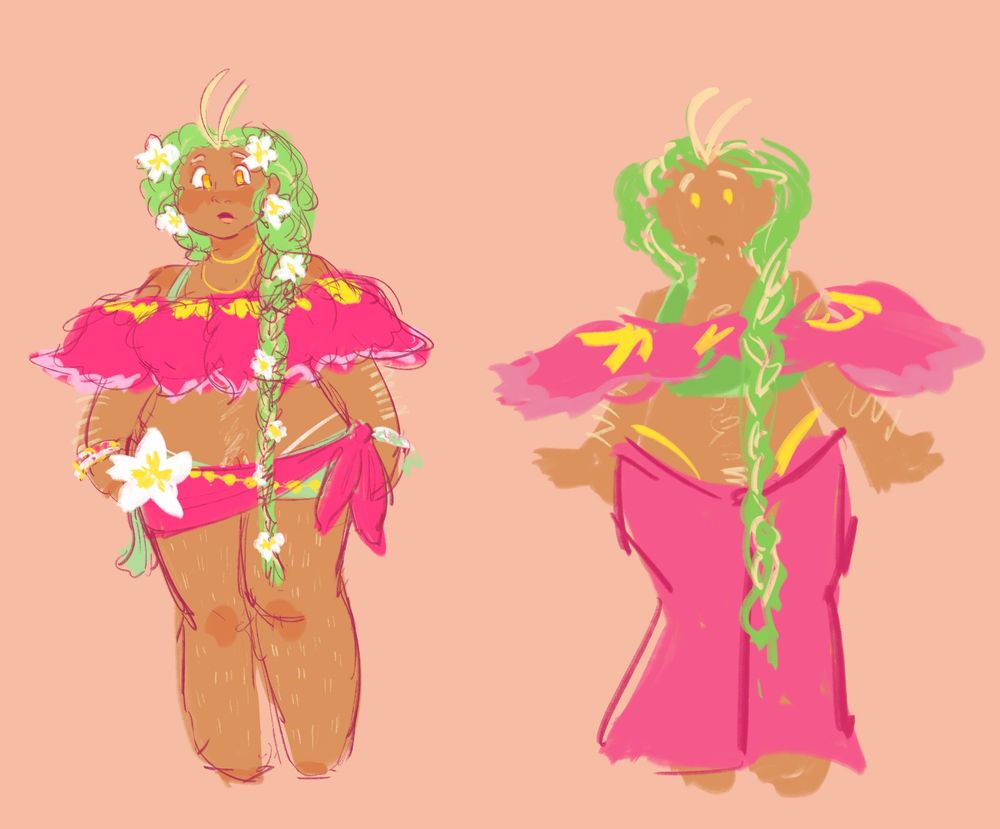 Drawing of a gijinka/human design for Meganium (Pokemon). A more detailed sketch in color is to the left, and a simpler, rough version with blocked out color is to the left. 
