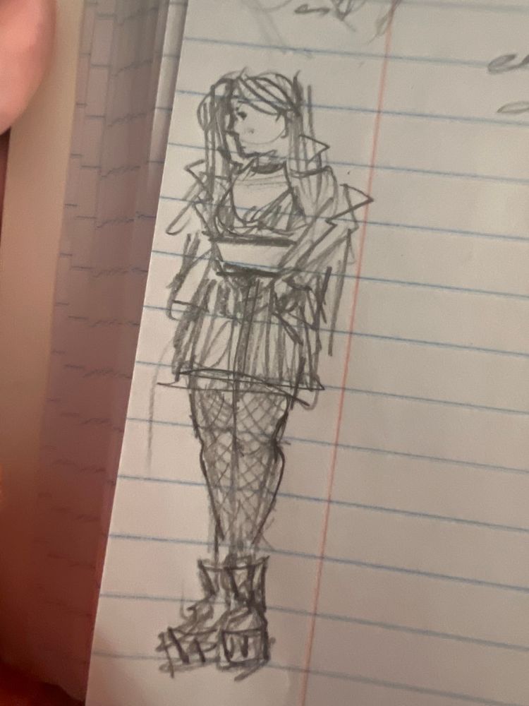 sketch of the girl in dark clothes, standing with hands behind her back 
