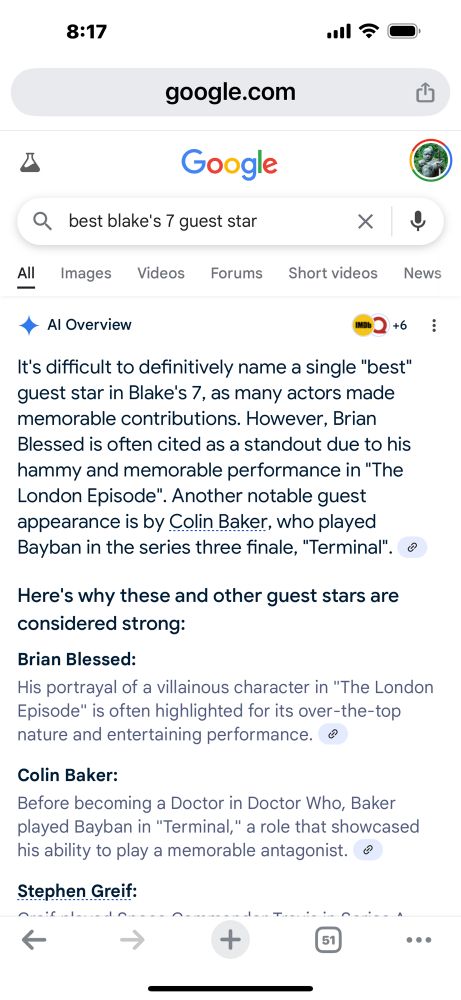 Google’s AI say Brian Blessed appeared in The London episode and Colin Baker was in Terminal