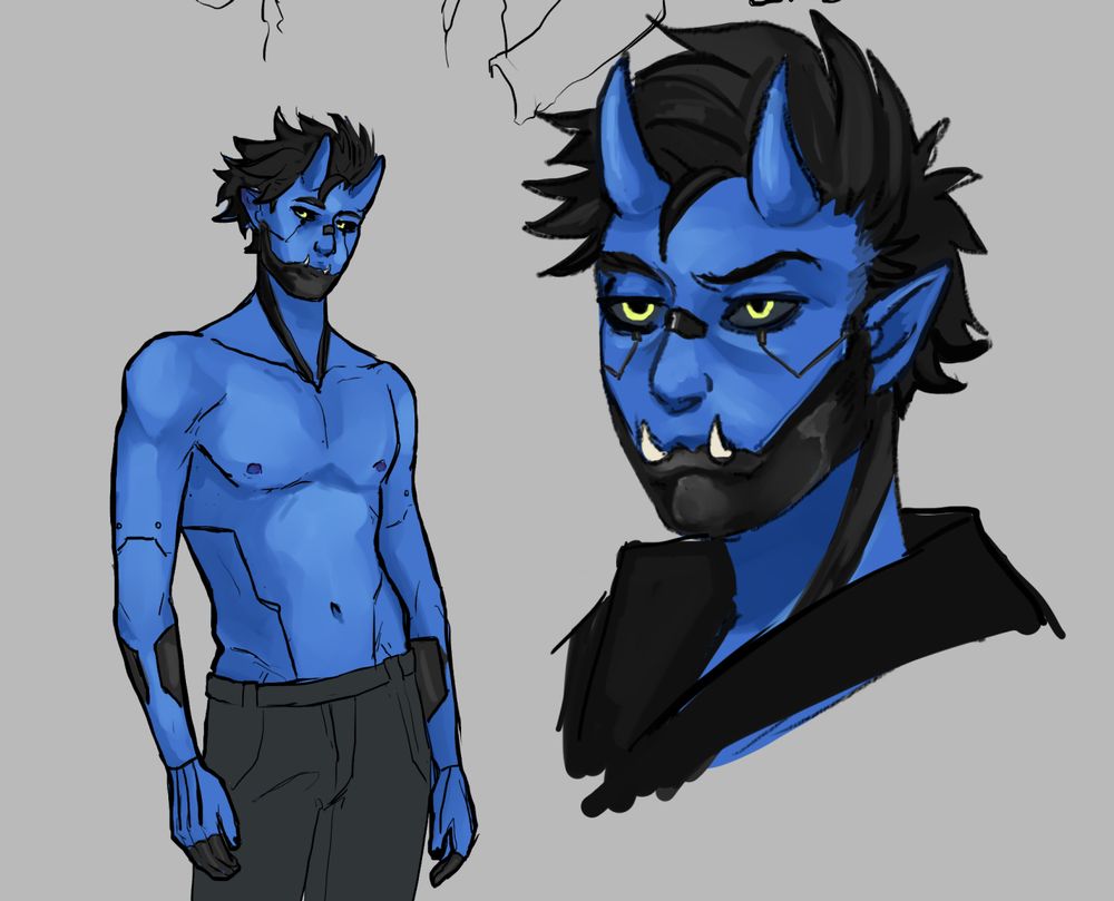 Drawings of a blue skinned ork with horns. He has cyberware and a bored expression 