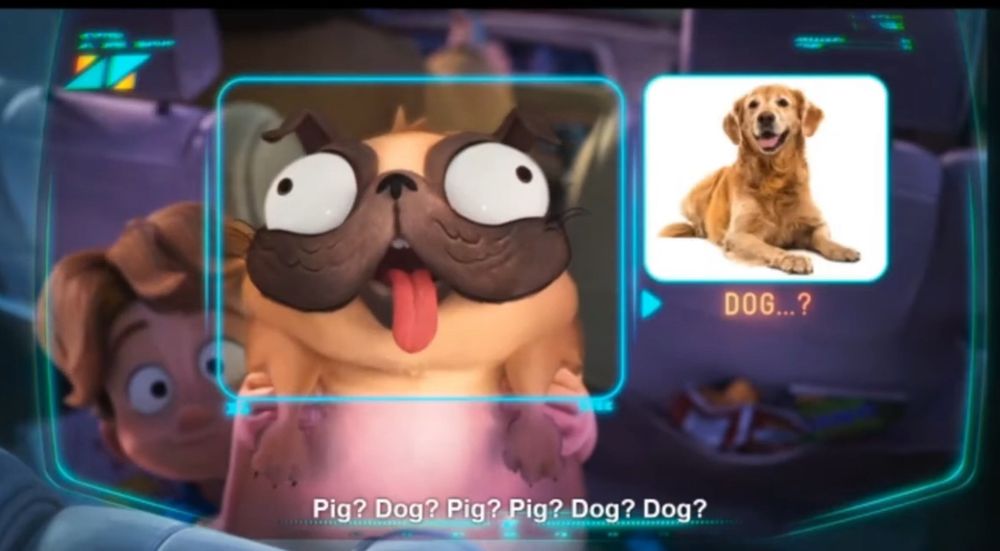 From the view point of a robot’s HUD, it tries to image match a dog in front of it in center frame. Search results appear to the right of the centered search image and go between a dog and a pig with ellipses and a question mark under each entry as the robot cannot identify whether it is a dog or pig. 