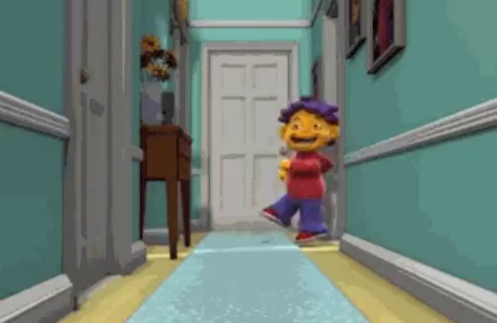 a cartoon character is walking down a hallway with a blue rug .