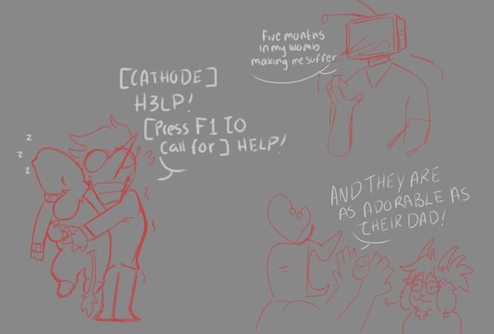 Spamton carrying a baby Meridian who is almost Spams' height. + Happy Tenna that the baby looks like Newt 