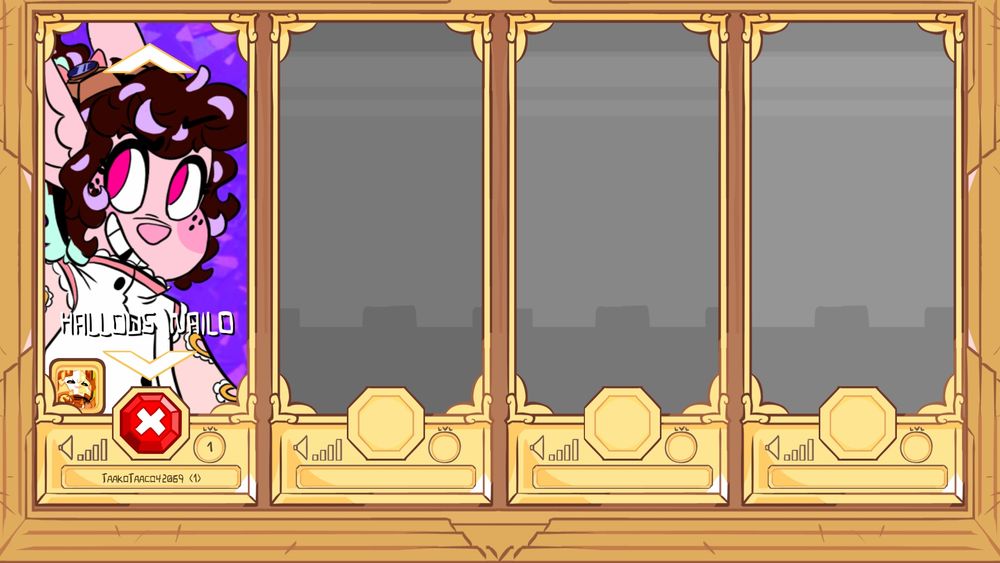 A Screenshot from the Castle Crashers character select screen. The image shows one player in the first slot, with a custom character image in the select box. The box is labeled Hallows Naïlo, with an image of her. Hallows is an Eladrin woman with pink skin, multicolored hair, magenta eyes, and a big smile with a large gap inbetween her two front teeth. She's wearing her Artificer/Sorcerer gear, which is made to look like a lab coat that has been tailored to incorporate men's rococo fashion aspects.