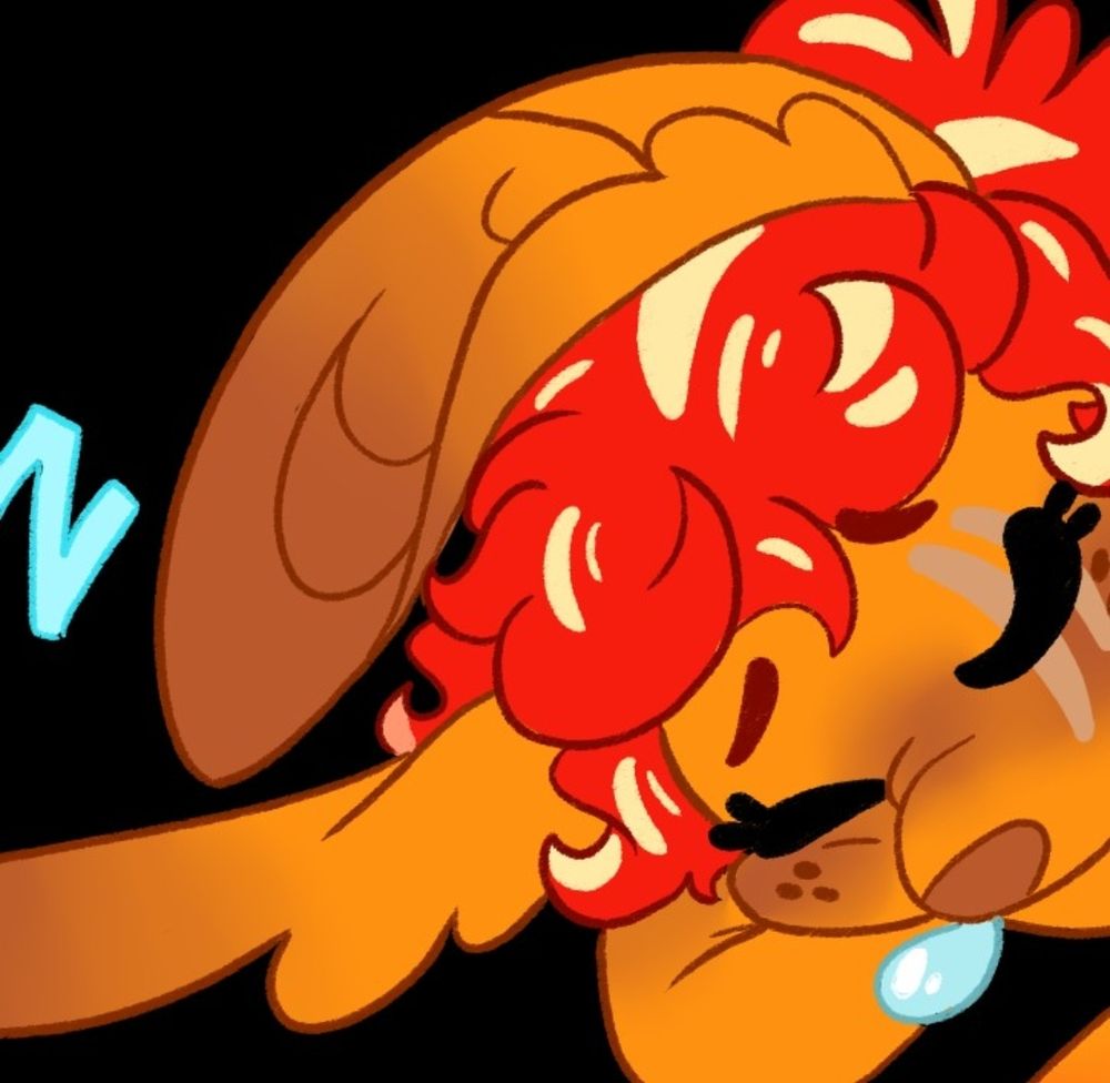A cropped digital drawing of the artist's OC, Hallows. Hallows is a skinny Autumn Eladrin woman with orange skin and fiery red hair, who has claw scars across her left eye. She is sleeping, resting her head on her folded arms. A cartoony bubble is coming out of her nose, and a "Z" next to her head indicates she's snoring. The image is cropped so that you can only see her face. The full image is available in the Patreon linked above.