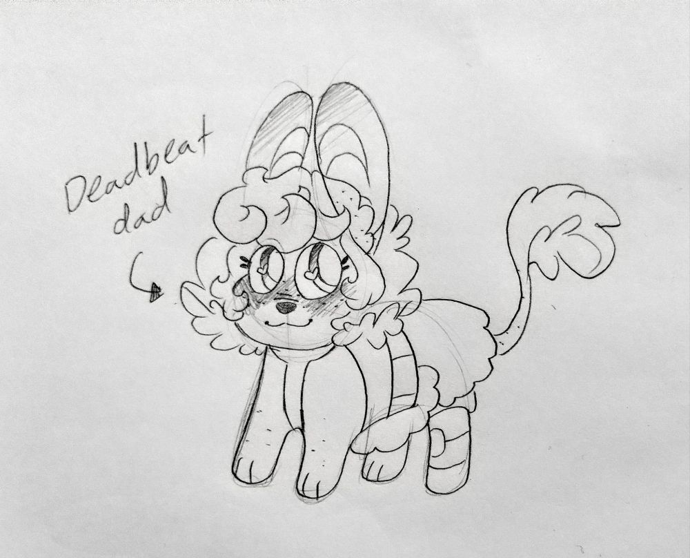 Pencil Doodles of the Artist's OC, Hallows Naïlo. Hallows is a skinny Eladrin woman with large floppy ears, paws, a tail, and a prosthetic left leg, who wears a fluffy mullet hairstyle and a breezy dress. She is drawn in a chibi style that makes her look very animal-like. She is standing on all fours and is looking off over her shoulder with hearts in her eyes. A tiny arrow points to her, with the text "Deadbeat dad" accompanying it.
