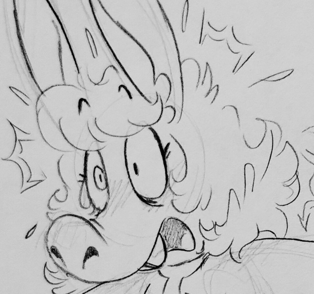 a cropped pencil sketch of the artist's OC, Hallows, drawn as an anthropomorphic Aardvark. She has a mullet and buck teeth, and has an exaggeratedly shocked expression on her face. The image is cropped so you can only see her from the shoulders up. The full image is available in the Patreon linked above.