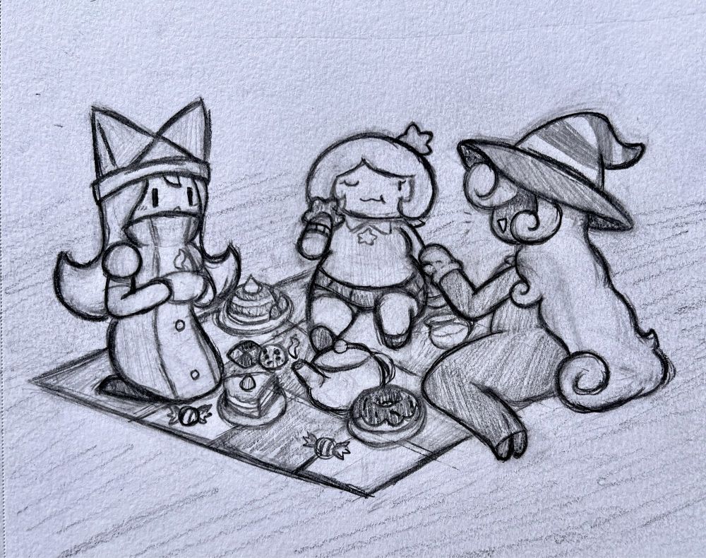 Olivia, Starlow, and Vivian having a picnic. Eating snacks, talking about something cool probably, usual picnic stuff
