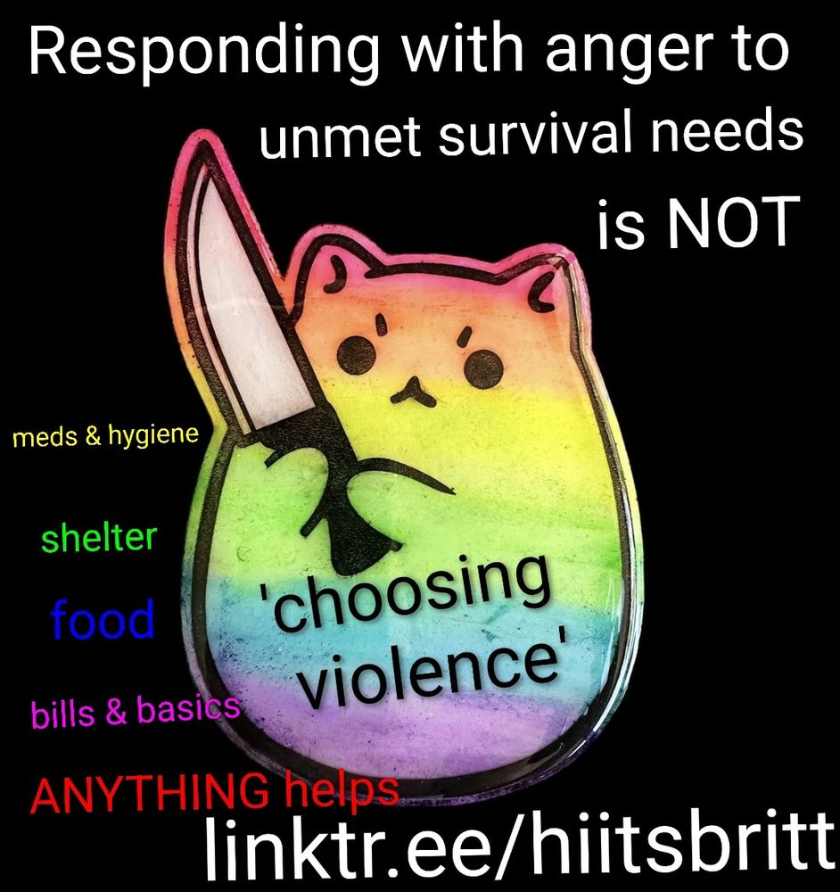 Graphic of a rainbow cartoon cat looking angry and holding a big kitchen carver, says 'Responding with anger to unmet survival needs is NOT 'choosing violence' - meds & hygiene, shelter, food, bills & basics, ANYTHING helps' you are directed to support at linktr.ee/hiitsbritt