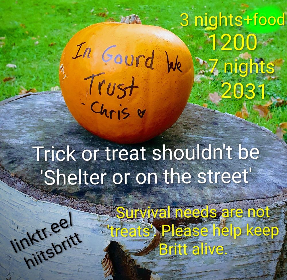 A mutual aid graphic with a small orange pumpkin on a birch stump, with the phrase 'In Gourd We Trust' written on it. Writing overlaid says 'Trick or treat shouldn't be 'Shelter or on the street' Survival needs are not 'treats'. Please help keep Britt alive. 3 nights 680, 7 nights 2031.' You are directed to linktr.ee/hiitsbritt