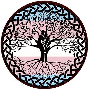 Graphic of a stylised version of the Black power hand with branches growing out of the fingers, with leaves and fruit, and roots growing from the wrist, and Celtic knotwork around the edge. The graphic is circular and the background is the trans flag colours. This is the Solidaritree by Charles Britton 