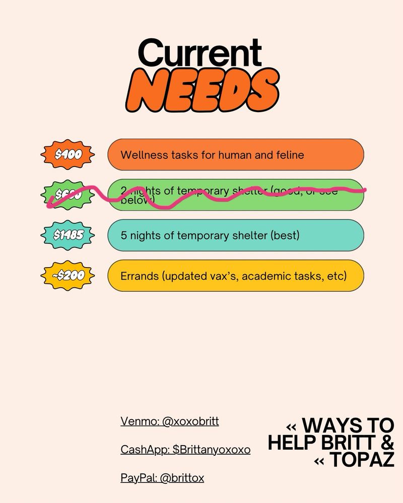 A list titled 'Current Needs' includes wellness tasks at $400, 2 nights of temporary shelter at $680, 5 nights at $1485, and errands costing -$200. Payment options are provided through Venmo, CashApp, and PayPal for supporting Britt and Topaz. 2 nights of temporary shelter option is squiggled out with pink digital marker, indicating that it’s been completed.
