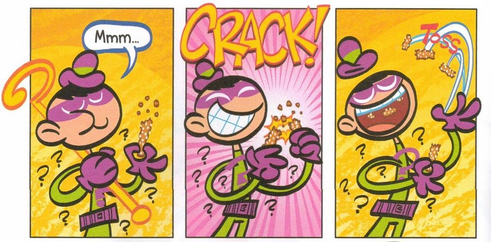 Three panels from the Arkhamaniacs comic showing the Riddler as he appears with green suit and purple gloves, domino mask and hat. The style is simplistic with thick outlines. He is shown enjoying a snack which he breaks in half in the middle panel with a descriptive "CRACK" before throing it into his mouth. Little question marks hover about him.