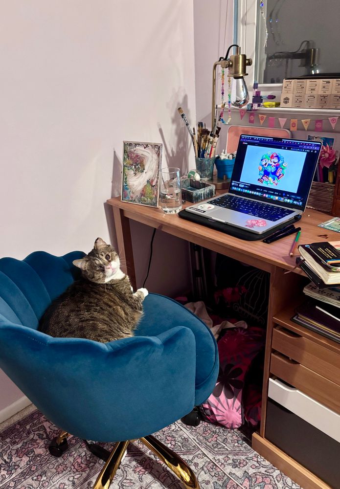 A blind brown tabby cat sitting in a teal desk chair at a desk with a laptop on it playing music. You can see an illustration of Mario and Luigi on the YouTube video that is playing. 