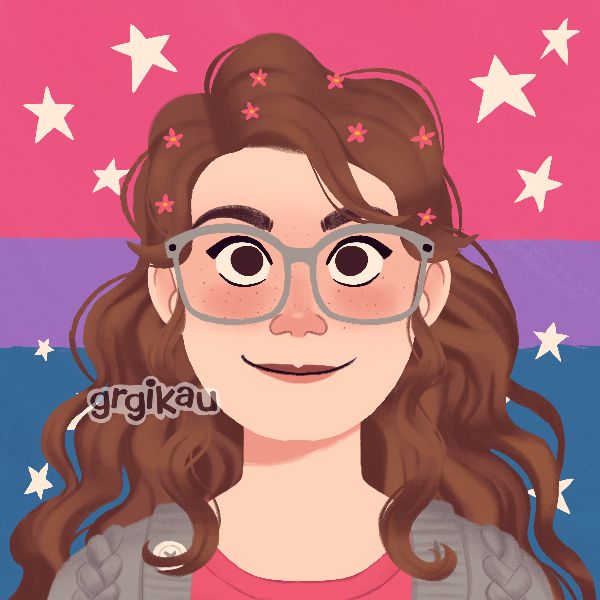 A pic crew cartoon of me (a white girl with wavy brown hair and glasses)