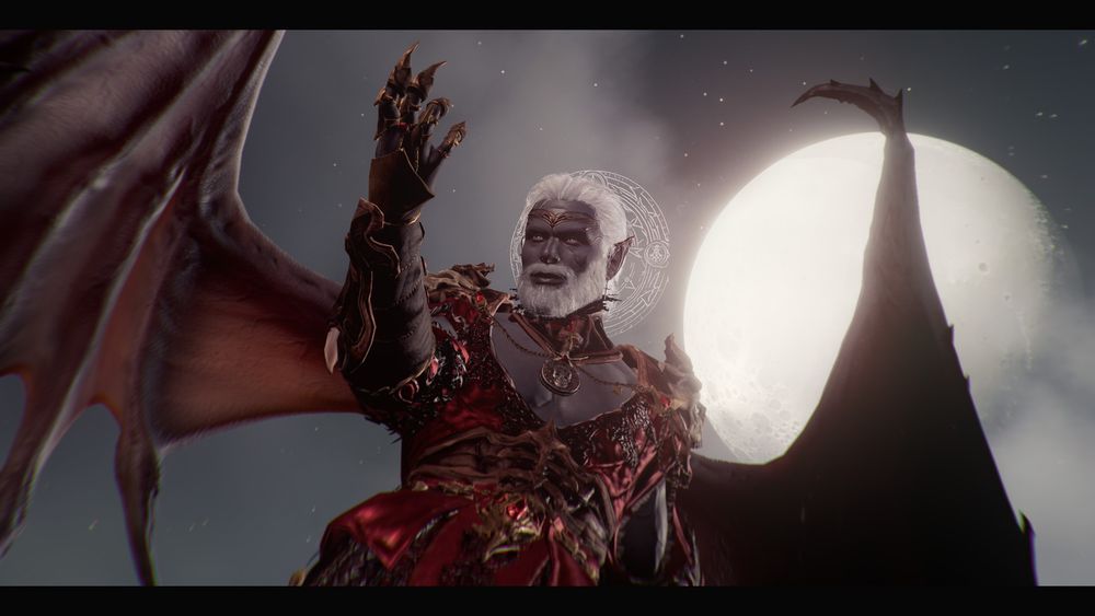 A screenshot of my Durge, Houndaer, looking evil and powerful. He has a set of devil wings, and is decked out in red and gold finery. There is a glowing halo behind his head, and the moon is behind him. Hound's arms is raised, as tho commanding something off screen. 