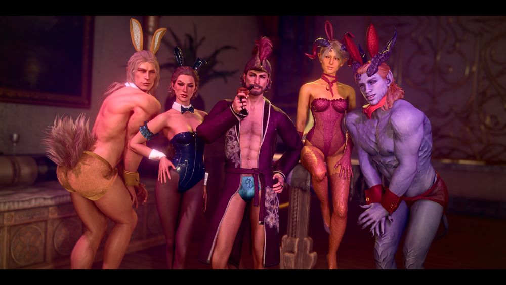 A screeenshot of several character in various playboy bunny poses. From left to right, Vincent (Shadora), Nimeni, Outis, Penance (CosmicCris), and  Thythus (Mossy)