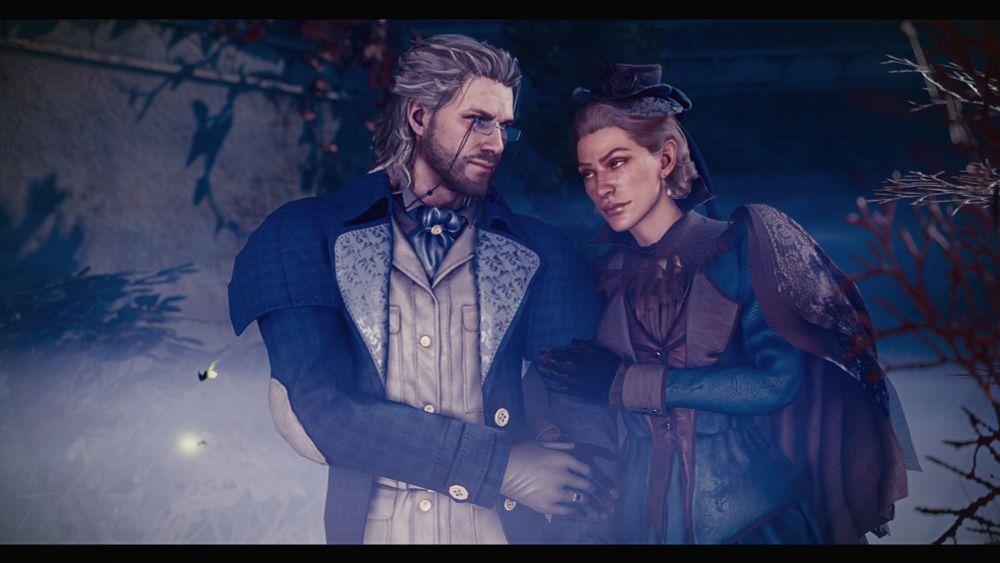 A screenshot of my tav, Nimeni, and Gale in a Victorian AU. Nimeni and Gale are at a park at night, having a stroll together. It is foggy out, and Nimeni is taking hold of Gale's arm. 