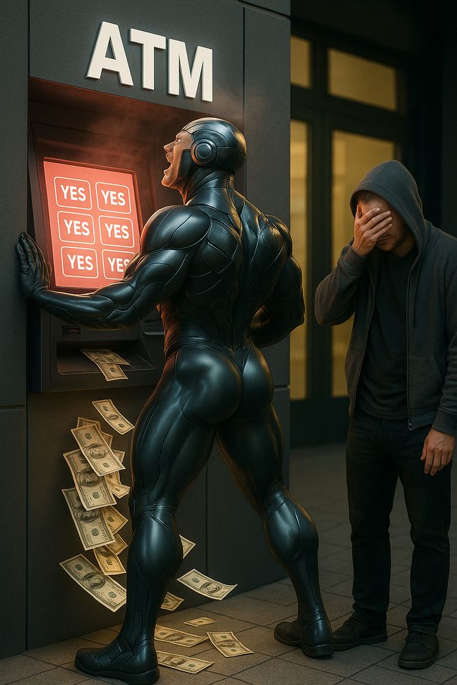 AI-generated image of an ATM steaming, displaying "yes" buttons on its touchscreen, spewing cash, gripped by a male android as a nearby man facepalms