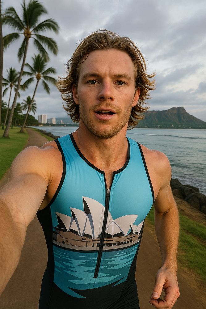 AI-generated selfie of a man running in a triathlon suit with a simple and stylized Sydney Opera House graphic, with Diamond Head in the background