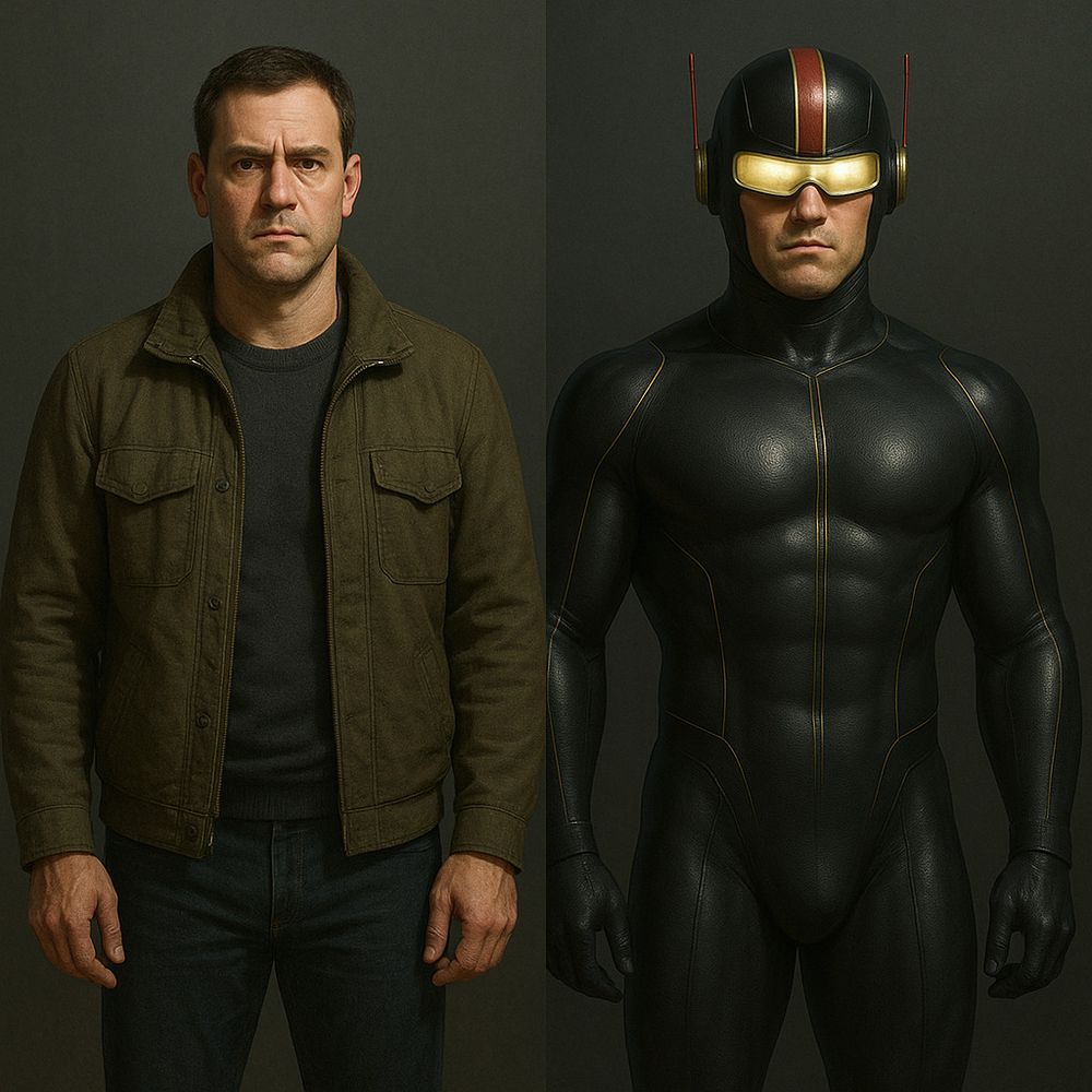 AI-generated image, left, a man in street clothes, right, a similar-looking man in a black costume and red-striped helmet with visor and antennas