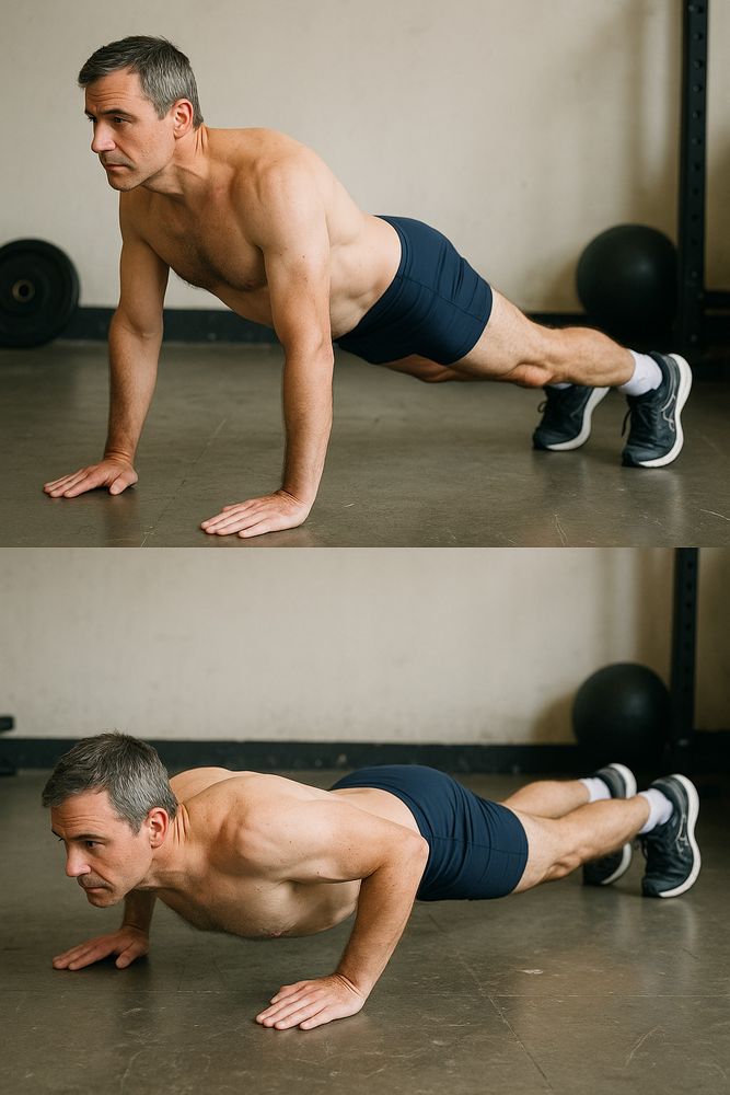 AI-generated image of a middle-aged man in two poses demonstrating push-up form, with a scratched floor, blurry background, and gym clutter