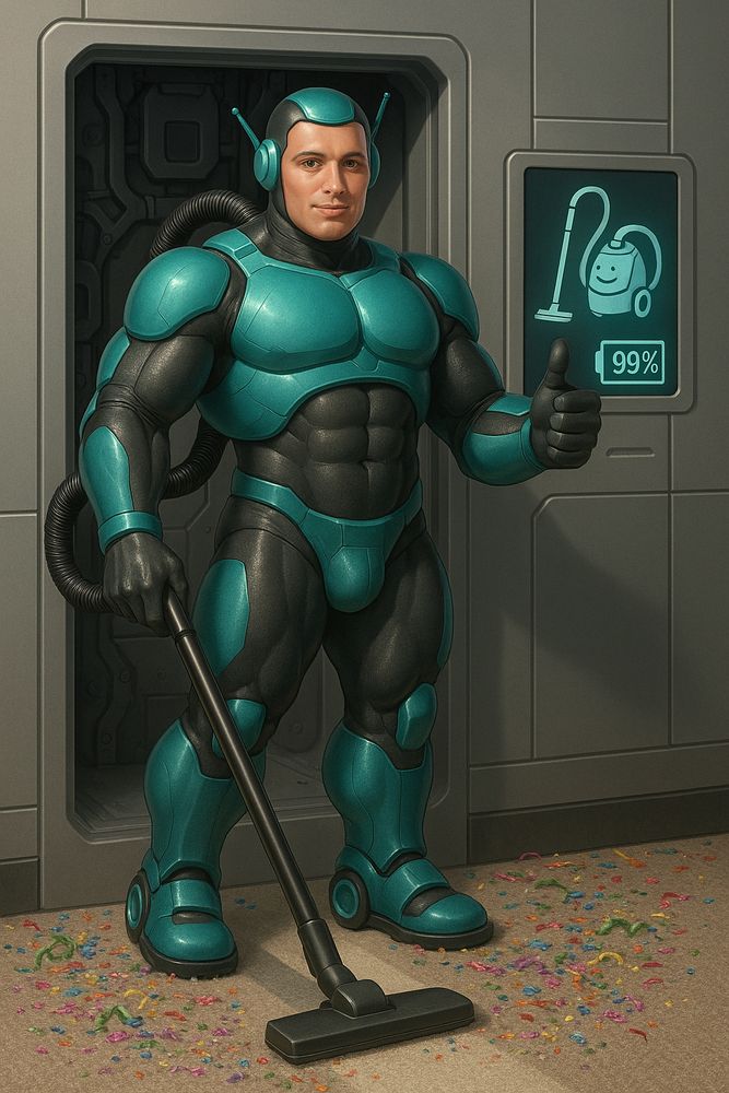 AI-generated image of an android with wheels in his feet, giving a thumbs-up, vacuuming party debris from a carpet, near a sign of a smiling vacuum