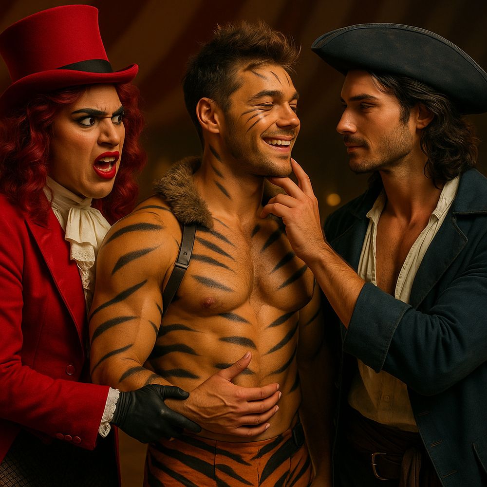 AI-generated image of a pirate touching a tiger-striped acrobat under a circus tent, while a drag queen ringmaster grabs the acrobat's arm and scowls