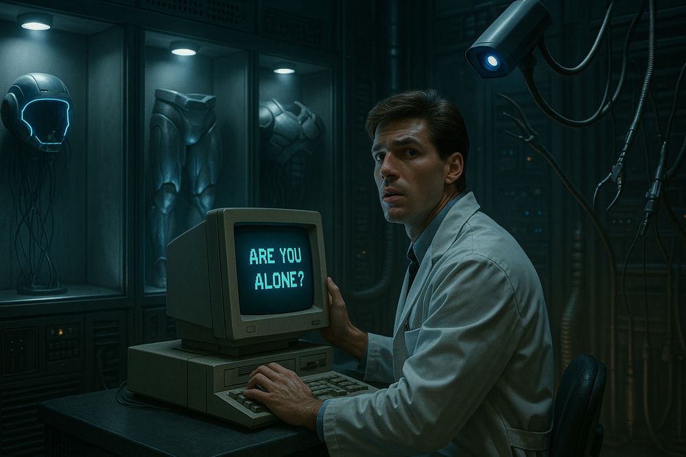 AI-generated image, a worried man in a dark supercomputer lab, cyborg armor in display cases, metal claws behind him, a CRT screen: "Are you alone?"