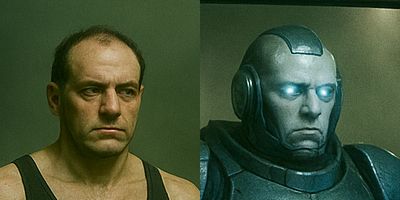 AI-generated image, half shows a man's head, the other half shows a cyborg's head, with plastic and metal skin, glowing eyes, but similar facial features to the man