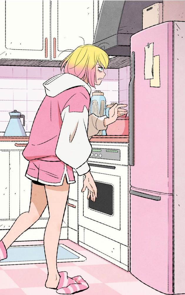 Gwenpool very tiredly walking to her fridge