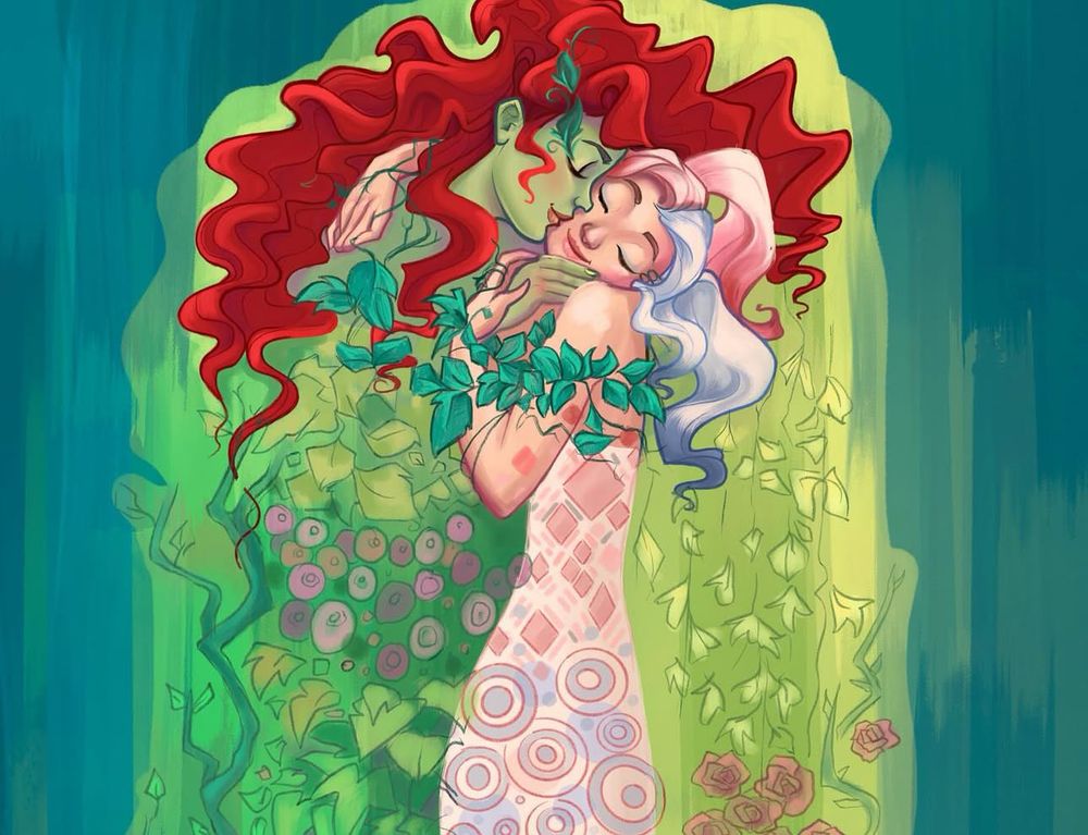 Kinda an illustrated redo of “the kiss,” but this one is the sapphic version. The primary color of this piece is green. The character that is kind of curled around the other and seems to be the active character is green and is kind of cloaked in various aspects of nature, with long, curly, red hair adorning the image. Her counter part has half pink hair, and half white hair. And wears a muted pink dress.
