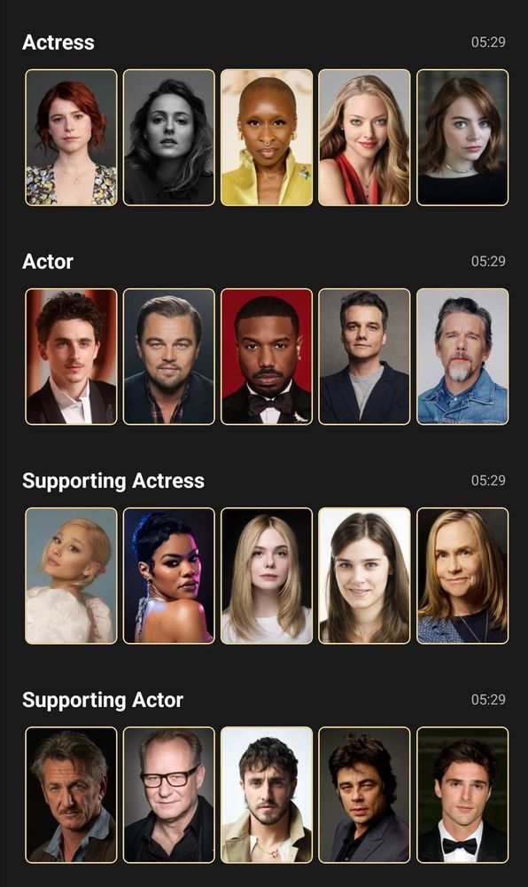 print do award expert com as posições atuais para atriz, ator, atriz coadjuvante e ator coadjuvante 