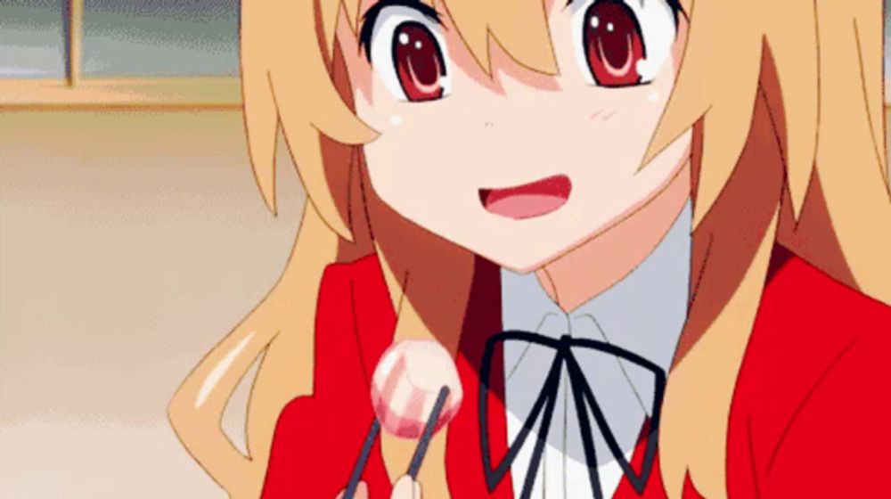 a girl with long blonde hair and red eyes is holding a candy with chopsticks