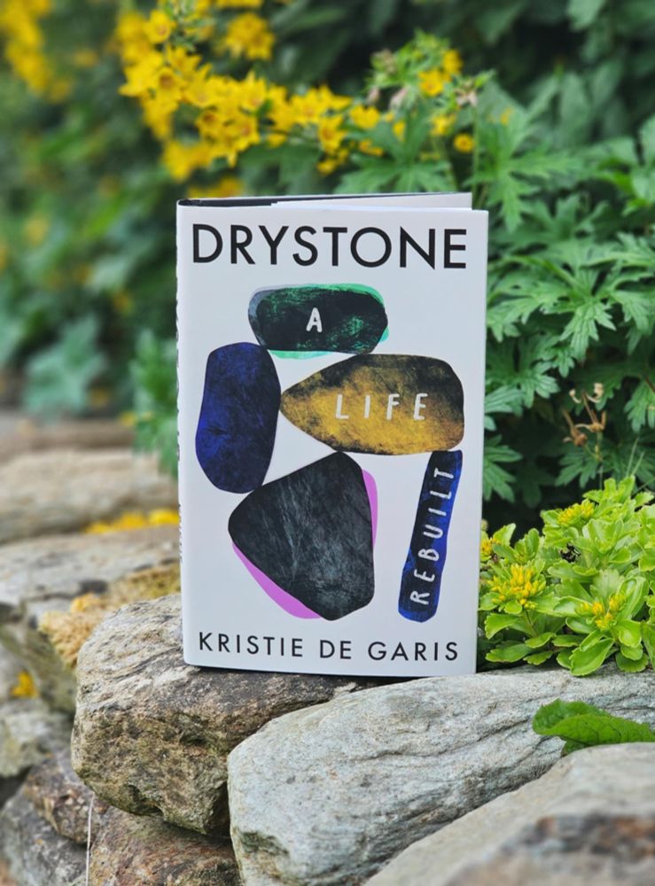 A copy of the book Drystone – A Life Rebuilt by Kristie De Garis, propped upright on a drystone wall surrounded by bright yellow and green garden plants. The cover features five colourful stone shapes with the title text layered across them.