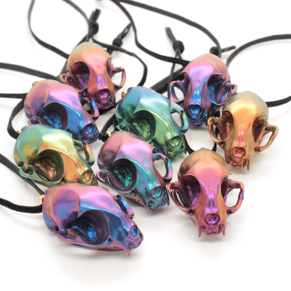 cast resin cat skulls in a variety of jewel-toned multichrome colors, in a group, on velvet ribbons