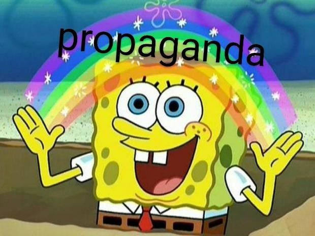 SpongeBob rainbow meme reading "✨propaganda✨"