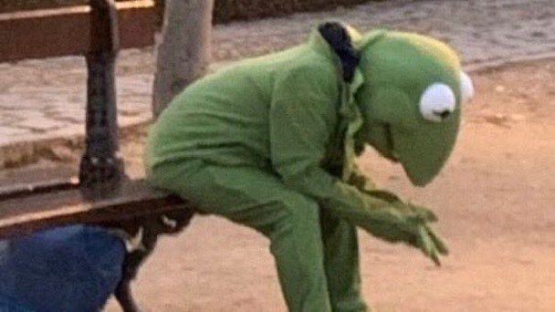 person in a Kermit the frog costume sitting looking down on a bench