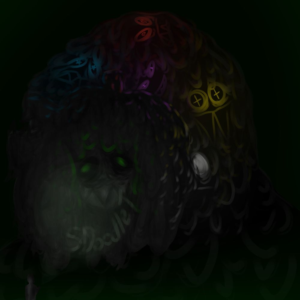 Someone stumbles upon six glowing faces, each expression droopy and exaggerated into a myriad of emotions. Sadness, Anger, Joy, Cocky, and Perturbed. The person turns their flashlight to reveal the creatures slimy face. One of the faces, that is. They are nowhere close to seeing the whole body.