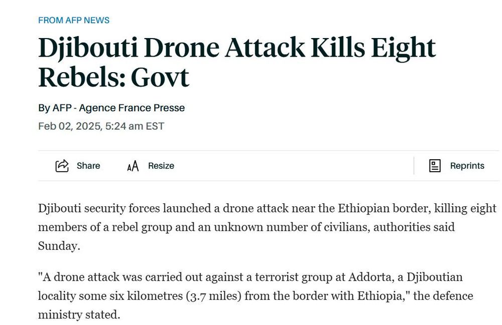 AFP story: Djibouti drone attack killgs eight rebels: Govt
