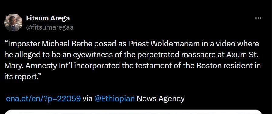 Ambassador Fitsum Arega, the then Ethiopian Ambassador to the US, currently Ambassador to Canada tweeting disinformation about a fake priest that he claimed duped Amnesty researchers