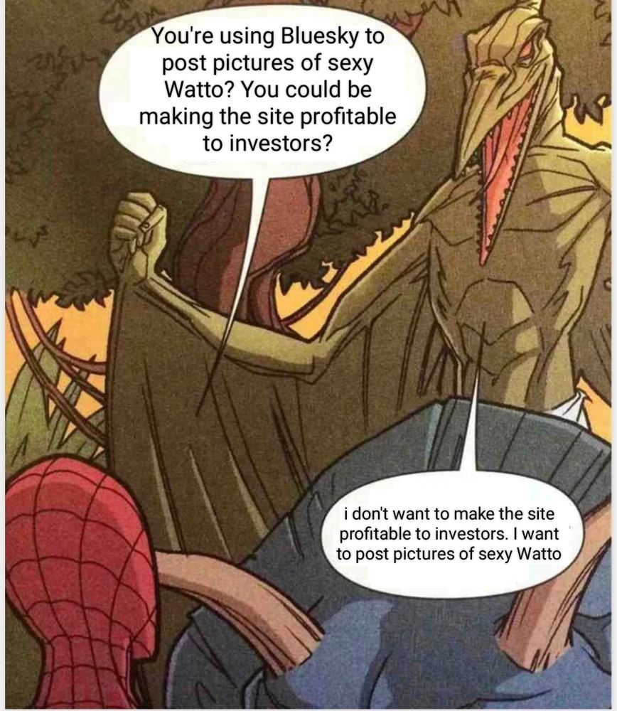 Goddamn it. Alt Text will always humble me in how stupid these memes I make are. A comic book panel in which Spider-Man tells a pterodactyl man that if he has the technology to rewrite DNA, he could cure cancer. “But I don’t want to cure cancer,” the pterodactyl man says. “I want to turn people into dinosaurs.” The dialogue boxes have been changed to 
