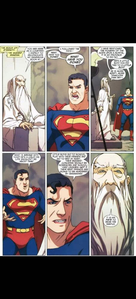 Superman goes to the Rock of Eternity to give the Wizard who gave him his powers a bollocking