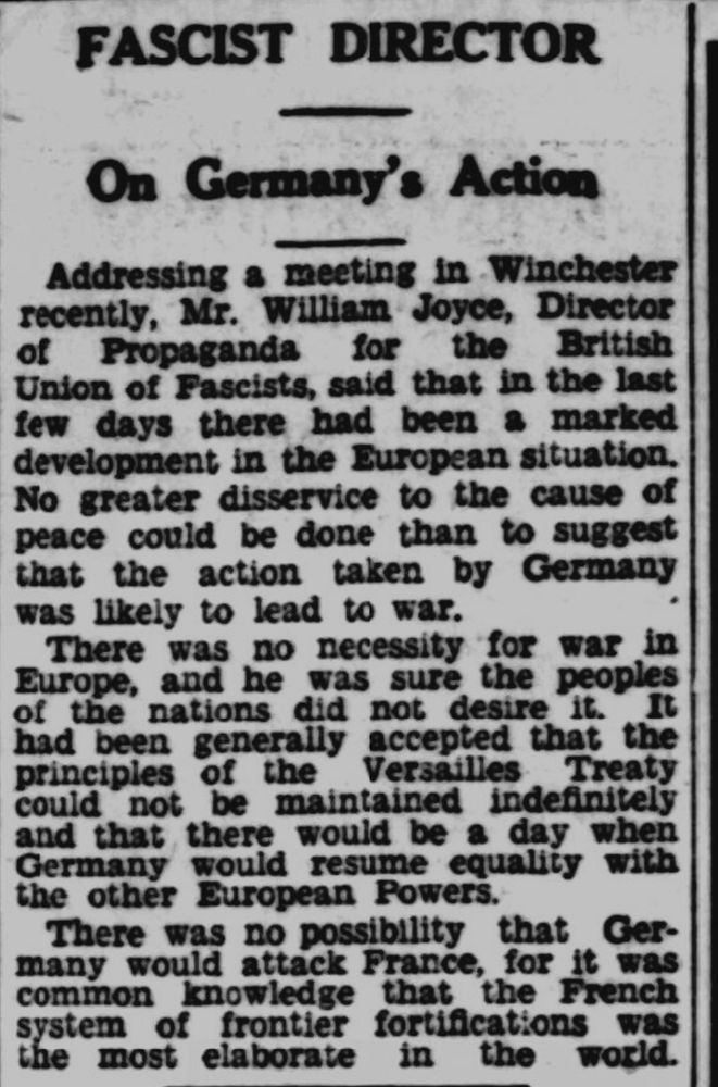 Article from the Hampshire Advertiser on the future Lord Haw Haw meeting in Winchester in March 1936.