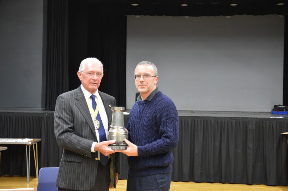 Tony Corkett winner of 2014 Championship (picture from 2015) receiving Silver Rook Trophy from Mayor of Eastleigh.