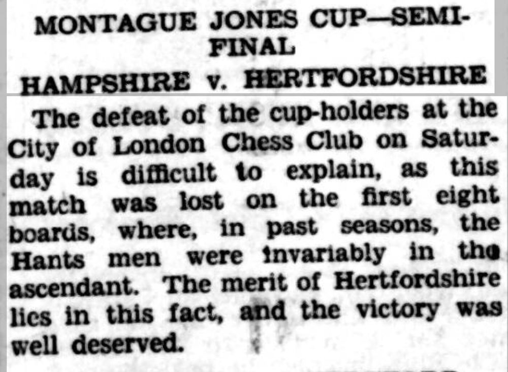 Details on Hampshire - Hertfordshire County chess match from 1934.
