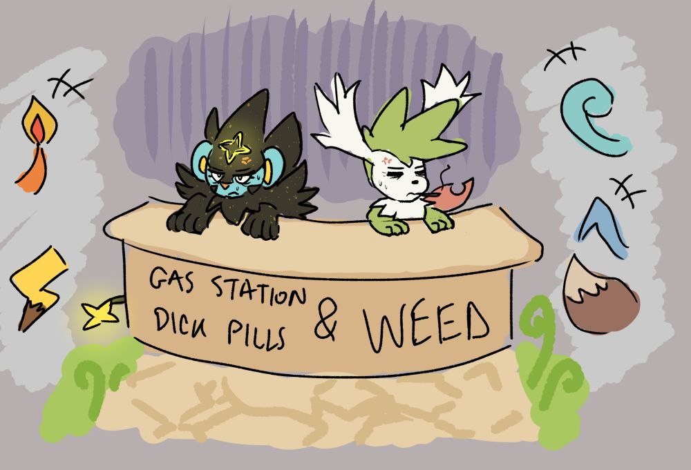 ange, an angelic luxray oc, and gene, an older shaymin oc, run a shop in treasure town that sells aphrodisiacs and marijuana but are constantly frustrated by all of the level 5 baby pokemon running around 