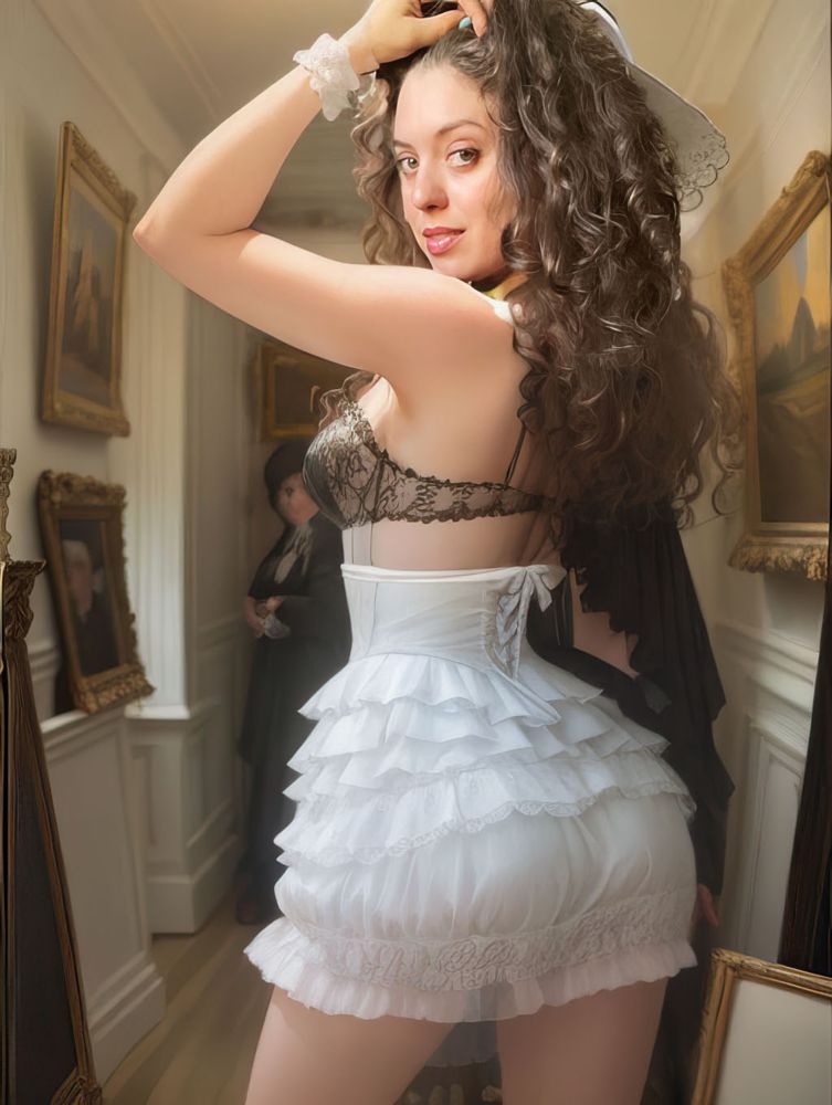 woman in an art gallery hallway wearing bloomers and half corset with brown curly hair.