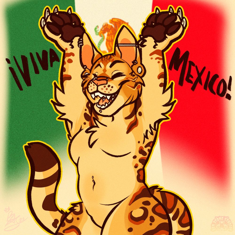 A light brown Bengal cat smiling widely throwing her arms up in joy with the Mexican flag behind her. Text reads ¡VIVA MEXICO!